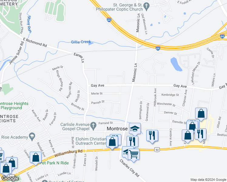 map of restaurants, bars, coffee shops, grocery stores, and more near 2528 Merle Street in Henrico