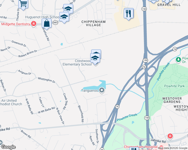 map of restaurants, bars, coffee shops, grocery stores, and more near 1925 Stonehenge Drive in Richmond