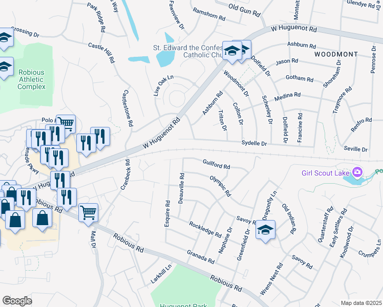 map of restaurants, bars, coffee shops, grocery stores, and more near 11160 Guilford Road in Richmond