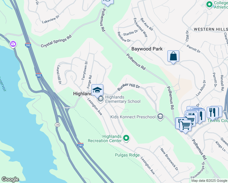 map of restaurants, bars, coffee shops, grocery stores, and more near 2280 Bunker Hill Drive in San Mateo