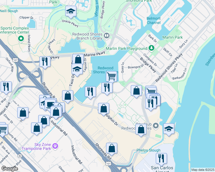 map of restaurants, bars, coffee shops, grocery stores, and more near 255 Shoreline Drive in Redwood City