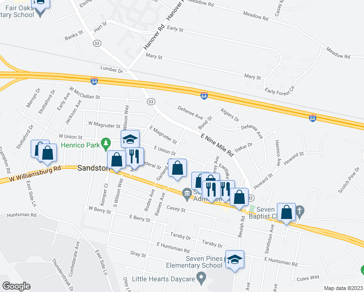 map of restaurants, bars, coffee shops, grocery stores, and more near 206 Garland Avenue in Sandston