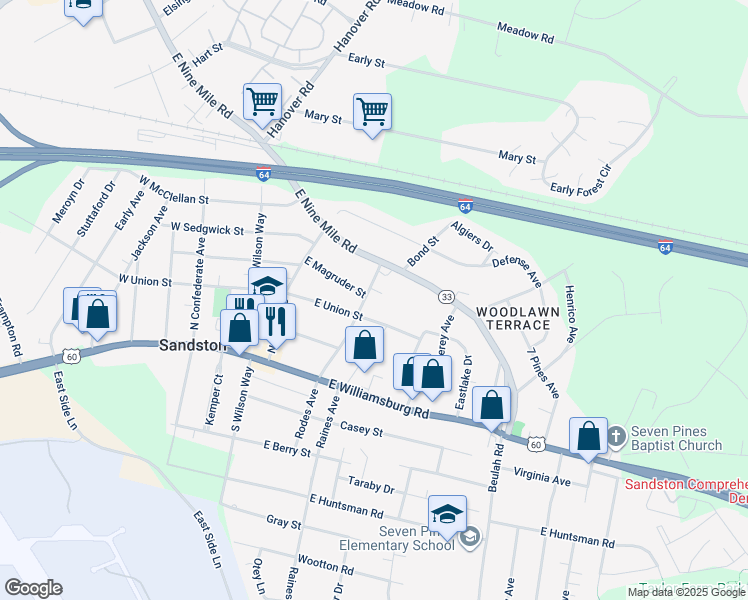 map of restaurants, bars, coffee shops, grocery stores, and more near 206 Garland Avenue in Sandston