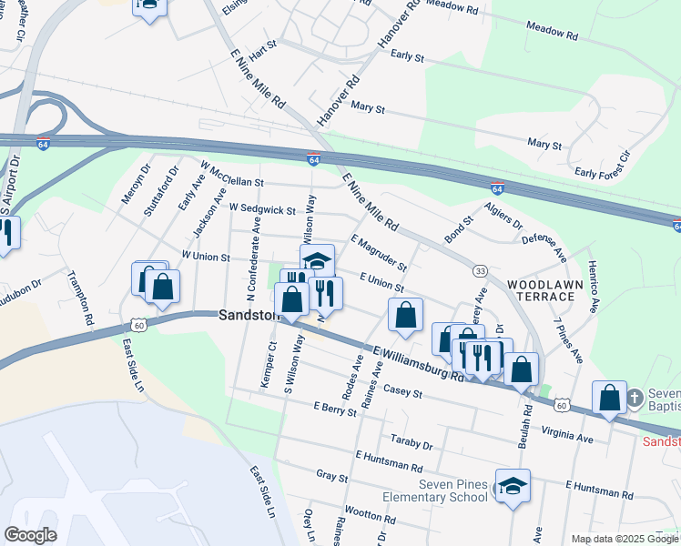 map of restaurants, bars, coffee shops, grocery stores, and more near 12 Naglee Avenue in Sandston