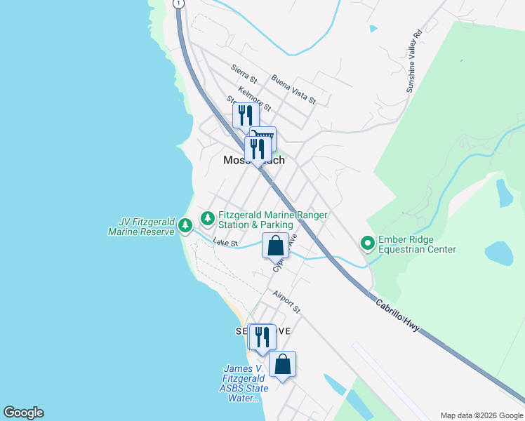 map of restaurants, bars, coffee shops, grocery stores, and more near 414 Vermont Avenue in Moss Beach
