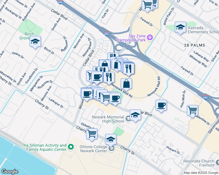 map of restaurants, bars, coffee shops, grocery stores, and more near 100 Newpark Mall in Newark