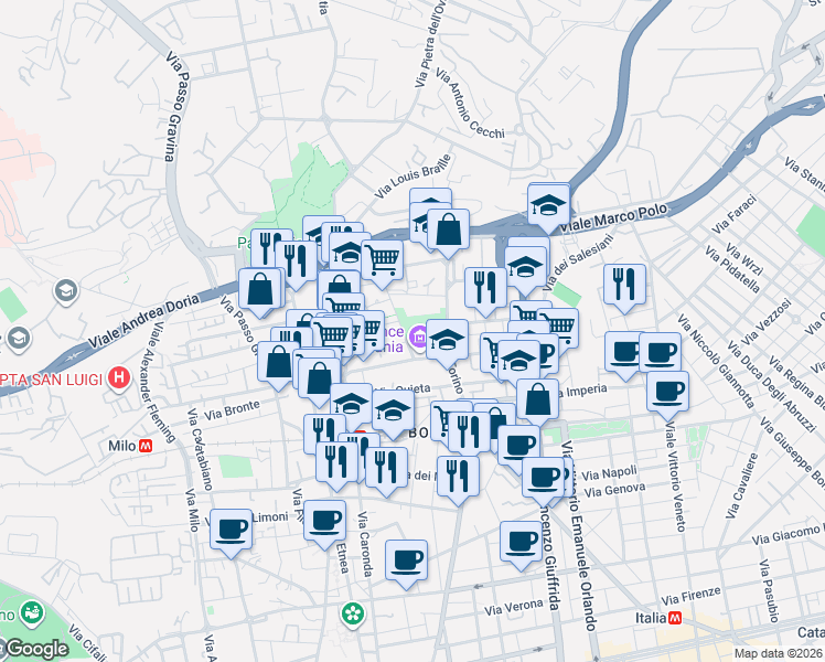 map of restaurants, bars, coffee shops, grocery stores, and more near 73A Via Torino in Catania