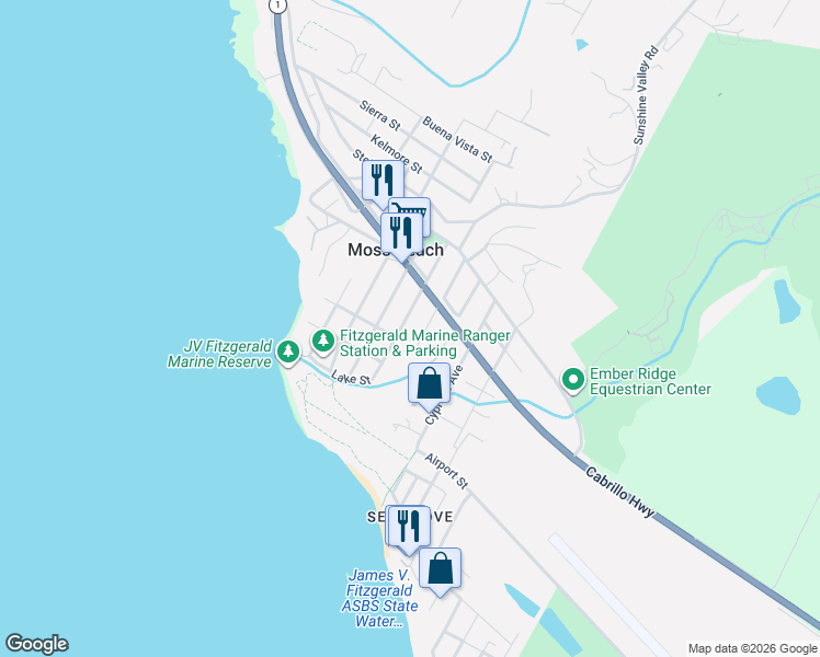 map of restaurants, bars, coffee shops, grocery stores, and more near 414 Vermont Avenue in Moss Beach