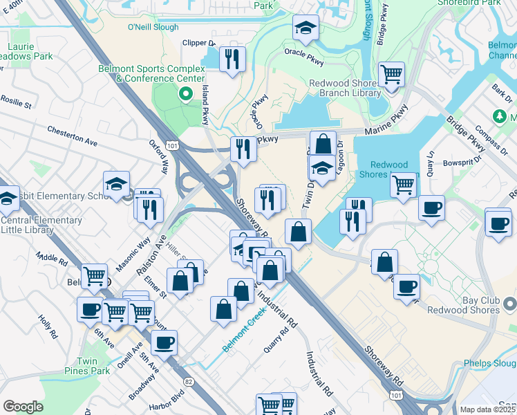 map of restaurants, bars, coffee shops, grocery stores, and more near 120 Sem Lane in Belmont