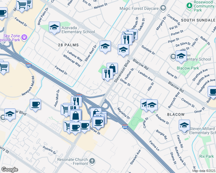 map of restaurants, bars, coffee shops, grocery stores, and more near 5533 Stevenson Boulevard in Fremont