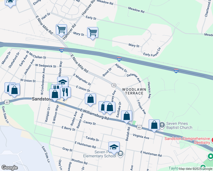 map of restaurants, bars, coffee shops, grocery stores, and more near 2117 East 9 Mile Road in Sandston