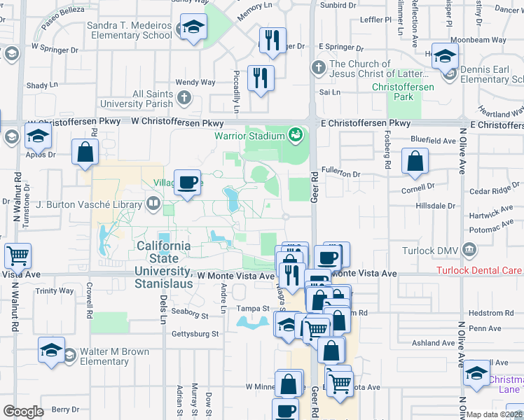 map of restaurants, bars, coffee shops, grocery stores, and more near 1 University Circle in Turlock