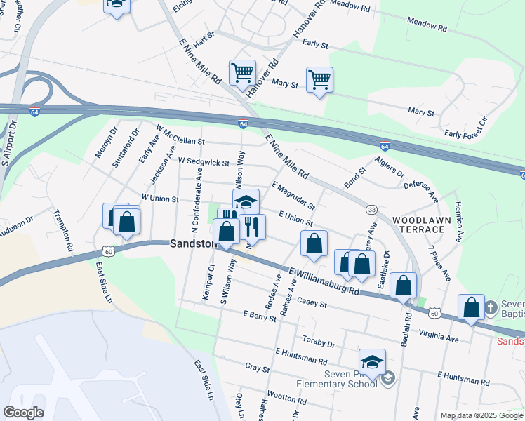 map of restaurants, bars, coffee shops, grocery stores, and more near 12 Naglee Avenue in Sandston