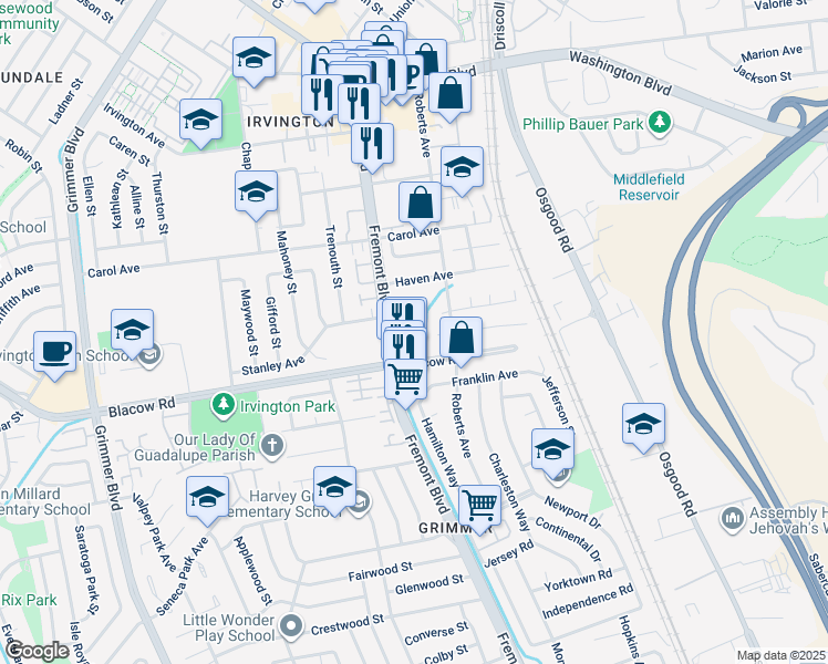 map of restaurants, bars, coffee shops, grocery stores, and more near 3925 Borgo Common in Fremont