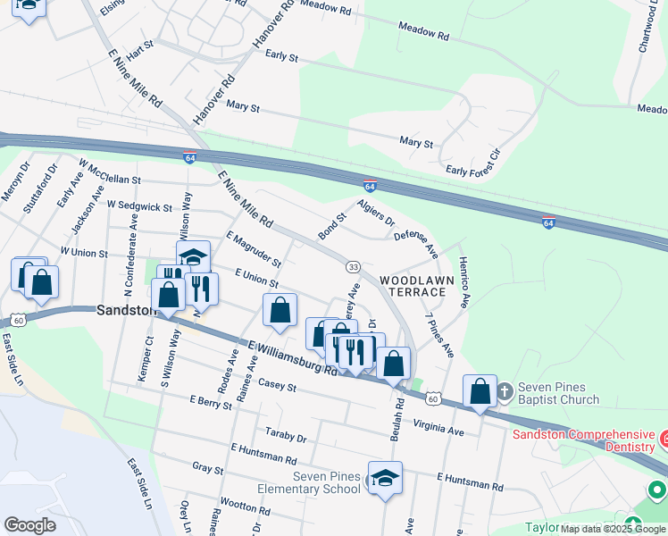 map of restaurants, bars, coffee shops, grocery stores, and more near 2117 East 9 Mile Road in Sandston