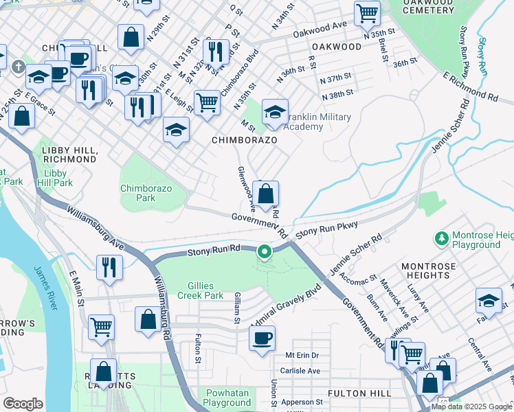 map of restaurants, bars, coffee shops, grocery stores, and more near 3904 Glenwood Avenue in Richmond