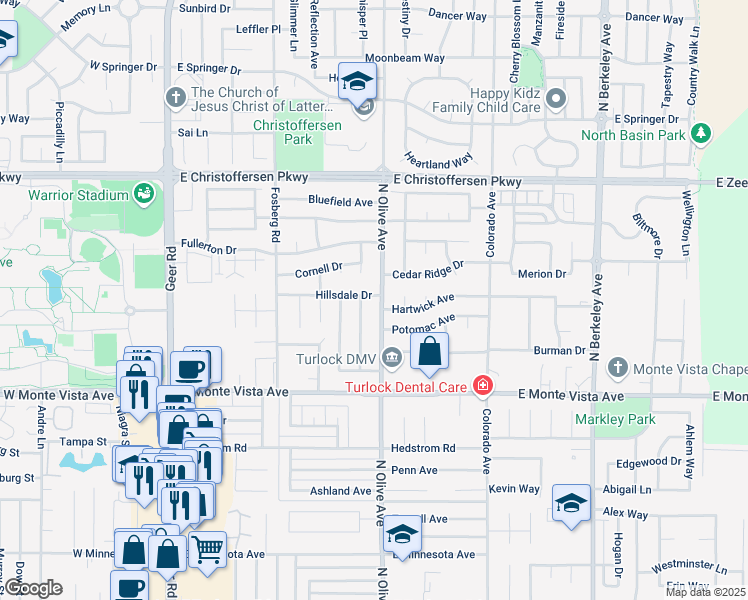 map of restaurants, bars, coffee shops, grocery stores, and more near 3531 North Olive Avenue in Turlock