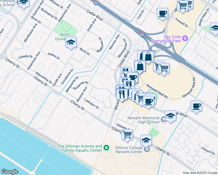 map of restaurants, bars, coffee shops, grocery stores, and more near 38801 Bluegrass Court in Newark