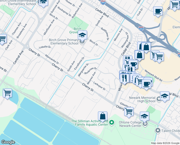 map of restaurants, bars, coffee shops, grocery stores, and more near 6332 Rockrose Drive in Newark