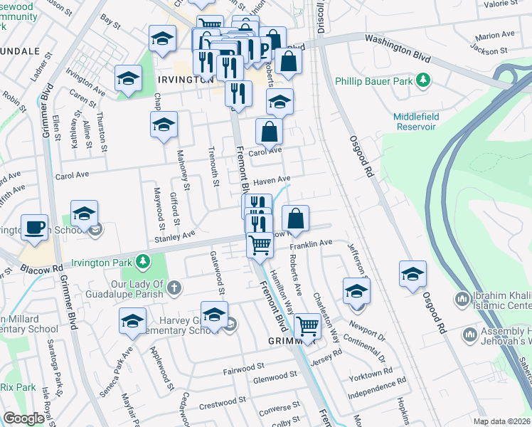 map of restaurants, bars, coffee shops, grocery stores, and more near 3925 Borgo Common in Fremont