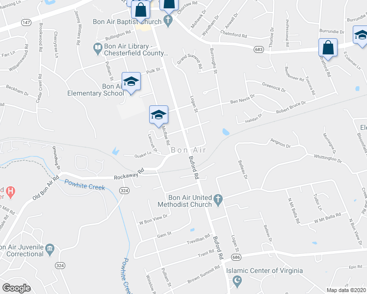 map of restaurants, bars, coffee shops, grocery stores, and more near 2052 Buford Road in Richmond