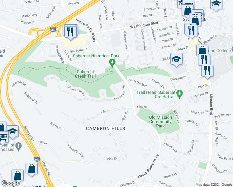 map of restaurants, bars, coffee shops, grocery stores, and more near 43541 Ocaso Corte in Fremont