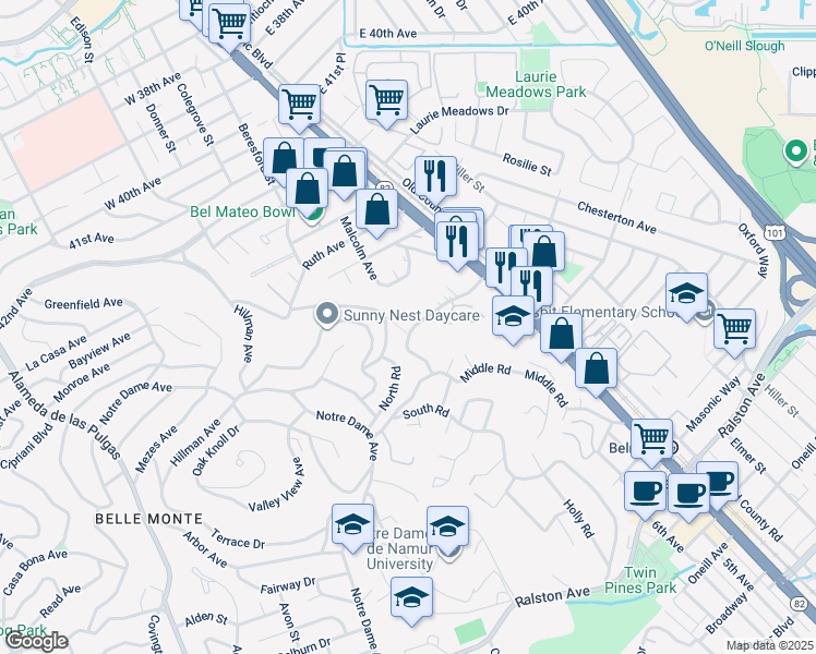 map of restaurants, bars, coffee shops, grocery stores, and more near 400 Davey Glen Road in Belmont