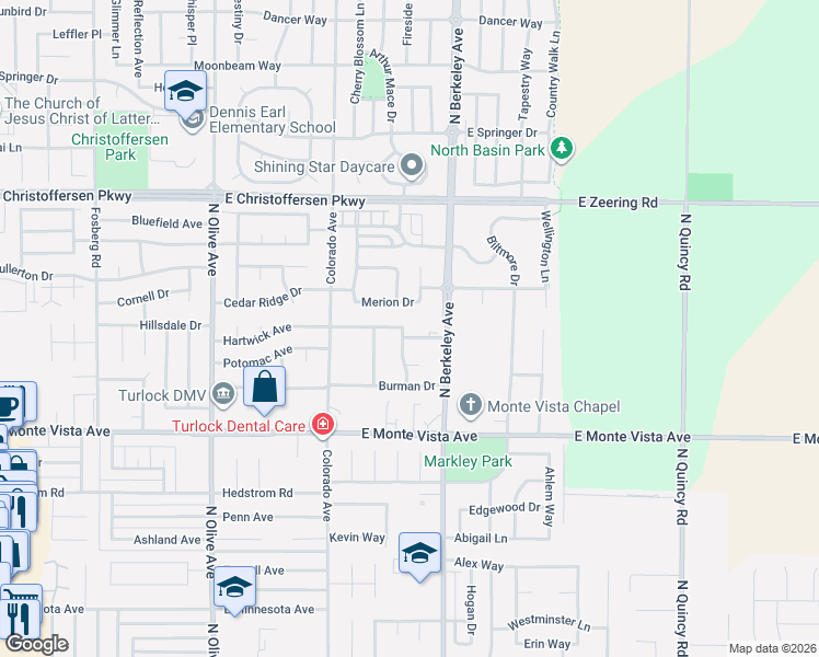 map of restaurants, bars, coffee shops, grocery stores, and more near 1401 Hartwick Avenue in Turlock
