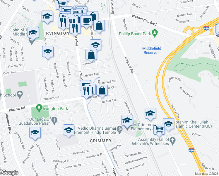map of restaurants, bars, coffee shops, grocery stores, and more near 3750 Ronald Court in Fremont