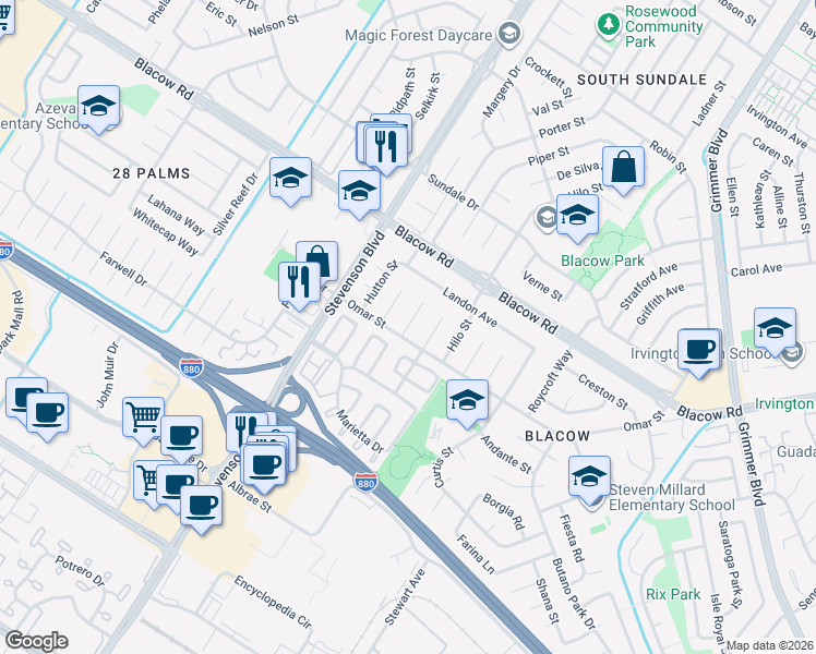 map of restaurants, bars, coffee shops, grocery stores, and more near 5048 Brian Court in Fremont