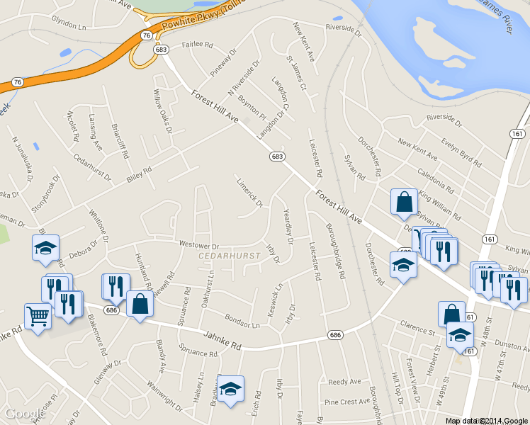 map of restaurants, bars, coffee shops, grocery stores, and more near 1600 Limerick Drive in Richmond