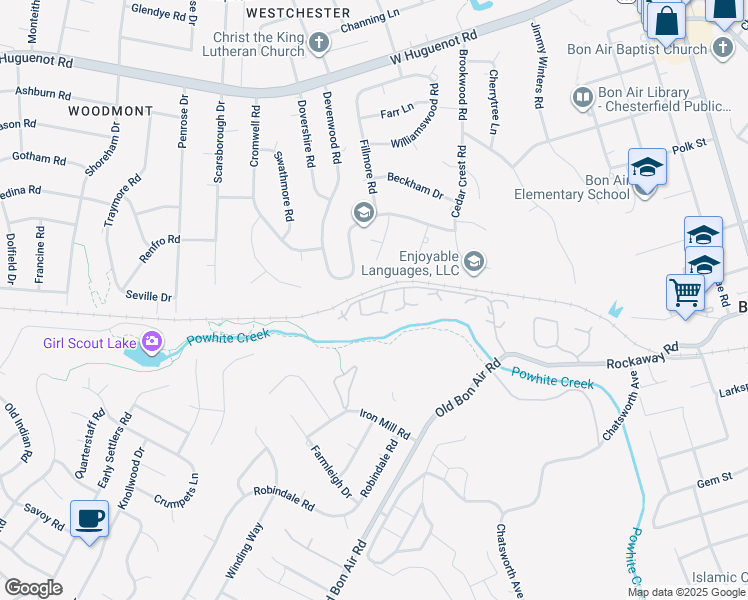 map of restaurants, bars, coffee shops, grocery stores, and more near 9663 Groundhog Drive in Richmond