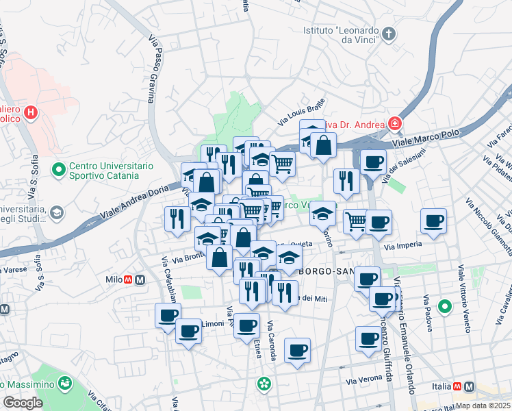 map of restaurants, bars, coffee shops, grocery stores, and more near 18 Via Grazia Deledda in Catania