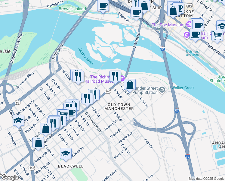 map of restaurants, bars, coffee shops, grocery stores, and more near 7 East 3rd Street in Richmond