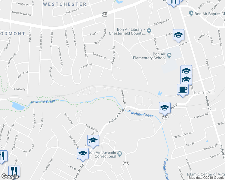 map of restaurants, bars, coffee shops, grocery stores, and more near 9427 Groundhog Drive in Richmond
