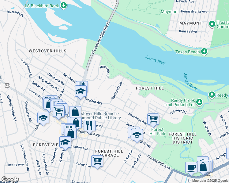 map of restaurants, bars, coffee shops, grocery stores, and more near 1902 Southcliff Road in Richmond