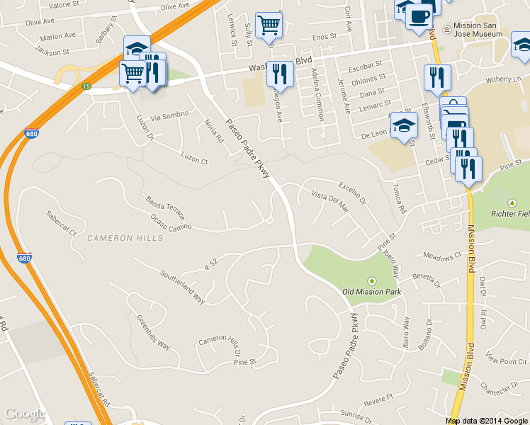 map of restaurants, bars, coffee shops, grocery stores, and more near 43548 Ocaso Corte in Fremont
