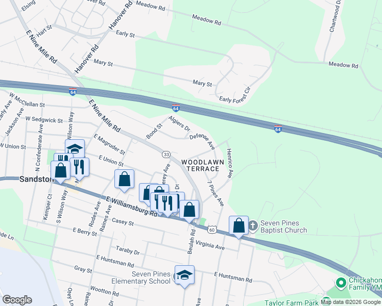 map of restaurants, bars, coffee shops, grocery stores, and more near 500 Dakar Drive in Sandston