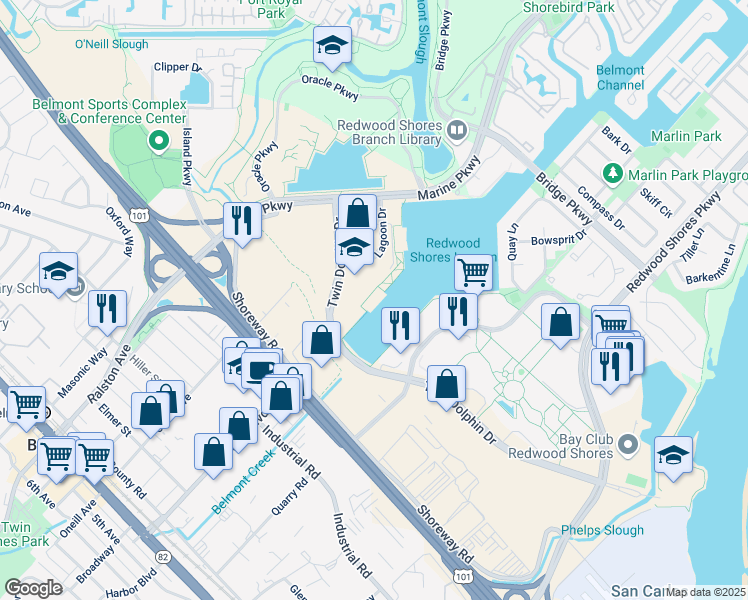 map of restaurants, bars, coffee shops, grocery stores, and more near 3 Lagoon Dr in Redwood City