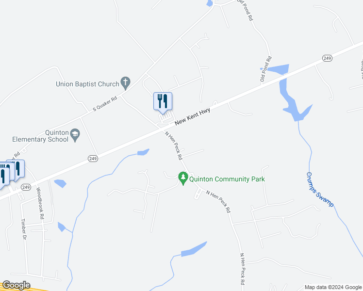 map of restaurants, bars, coffee shops, grocery stores, and more near 8211 North Hen Peck Road in Quinton
