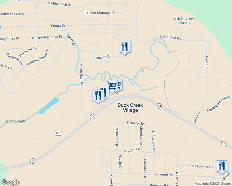 map of restaurants, bars, coffee shops, grocery stores, and more near 835 Movie Ranch Road in Duck Creek Village