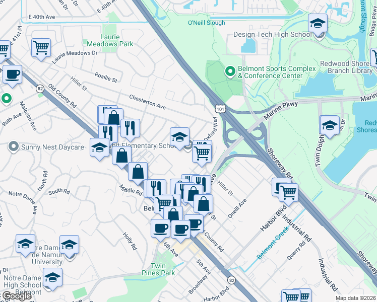 map of restaurants, bars, coffee shops, grocery stores, and more near 500 Biddulph Way in Belmont