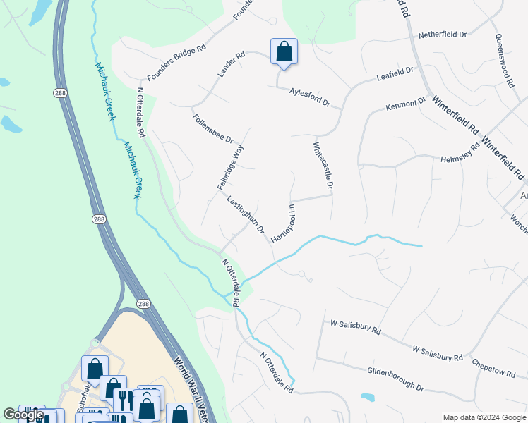 map of restaurants, bars, coffee shops, grocery stores, and more near 14719 Goddingham Court in Midlothian