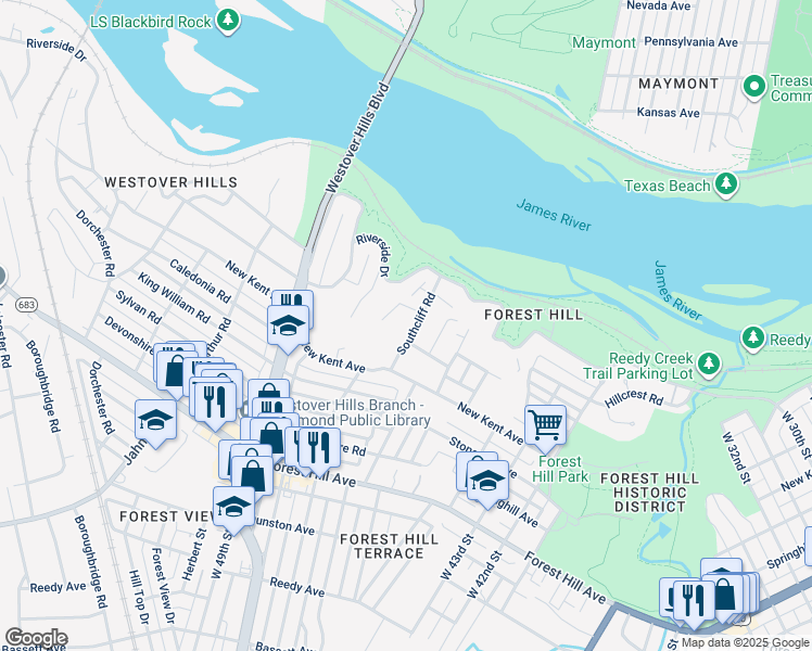 map of restaurants, bars, coffee shops, grocery stores, and more near 1902 Southcliff Road in Richmond