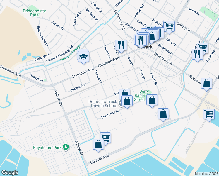 map of restaurants, bars, coffee shops, grocery stores, and more near 37168 Walnut Street in Newark