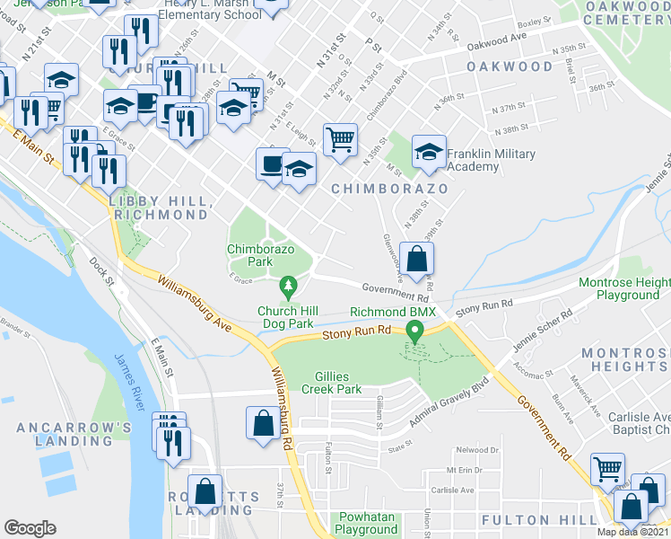 map of restaurants, bars, coffee shops, grocery stores, and more near 3622 East Broad Street in Richmond