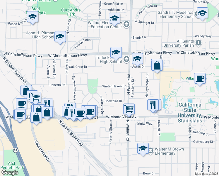 map of restaurants, bars, coffee shops, grocery stores, and more near 1942 Winter Haven Drive in Turlock