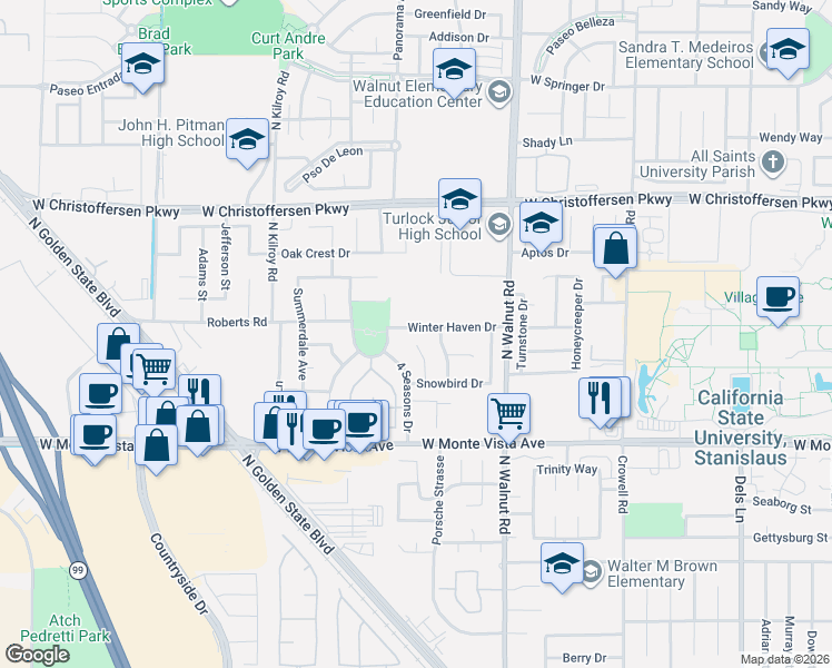 map of restaurants, bars, coffee shops, grocery stores, and more near 1942 Winter Haven Drive in Turlock