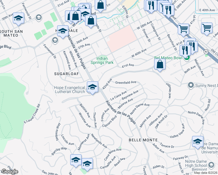 map of restaurants, bars, coffee shops, grocery stores, and more near 404 42nd Avenue in San Mateo