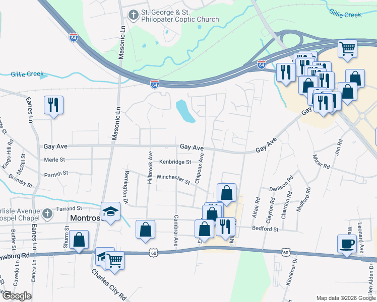 map of restaurants, bars, coffee shops, grocery stores, and more near 3205 Gay Avenue in Richmond